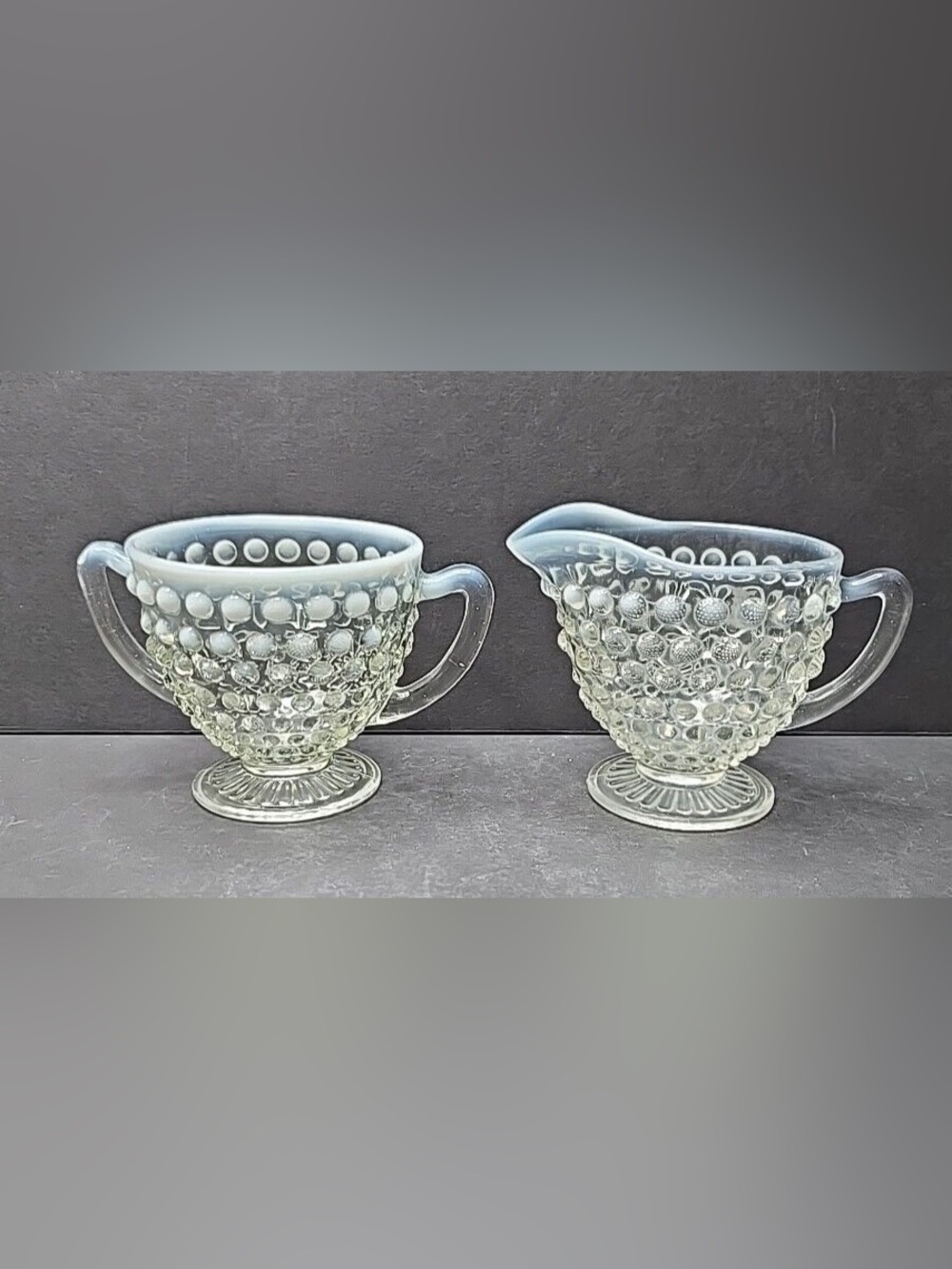Anchor Hocking Moonstone Opalescent Hobnail Cream & Sugar Set Vintage Glass